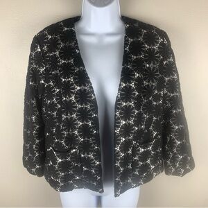 Talbots Daisy Floral Lace Crop Open Front Jacket‎ 3/4 Sleeve Size 4 Black Lined
